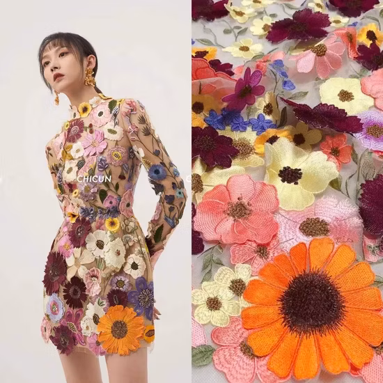 Hot Selling 3D Flower Chemical Mexician Lace Embroidery Fabrics for Fashion Garments